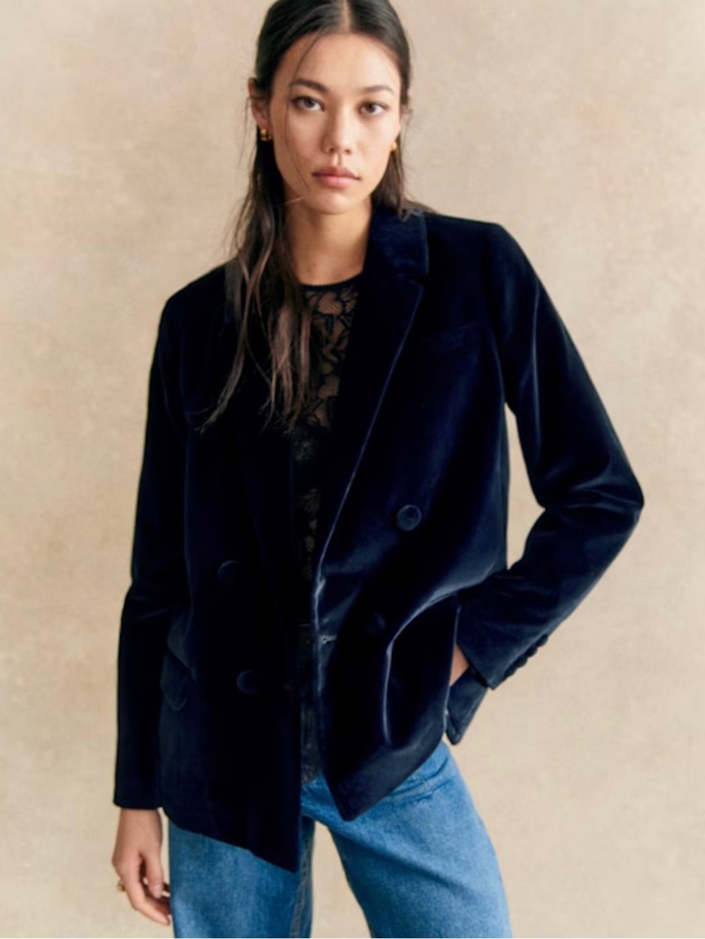 SÉZANE | Christie Double Breasted Blazer Jacket in Velvet Navy, Size 46 (US 14)